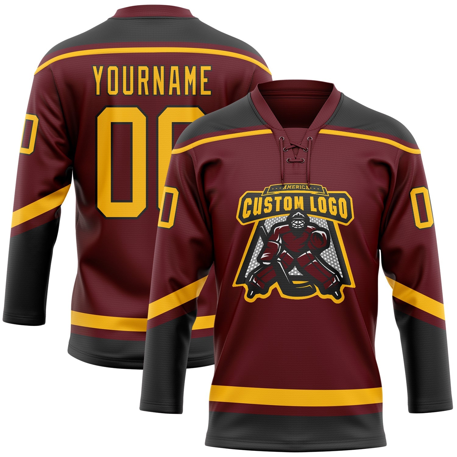 Custom Burgundy Gold-Black Hockey Lace Neck Jersey view 2