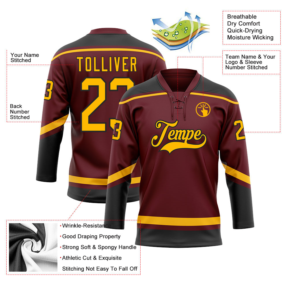 Custom Burgundy Gold-Black Hockey Lace Neck Jersey view 3