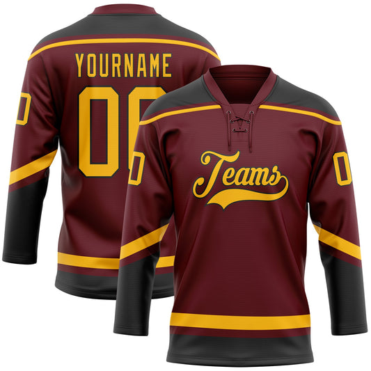 Custom Burgundy Gold-Black Hockey Lace Neck Jersey - Main View