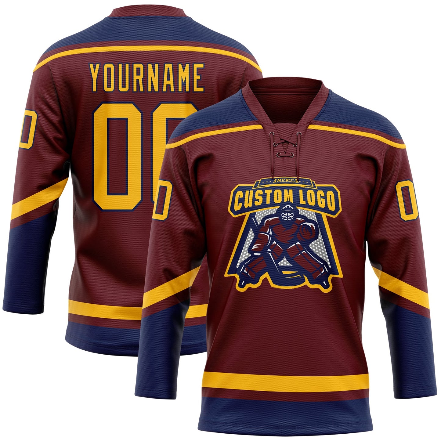 Custom Burgundy Gold-Navy Hockey Lace Neck Jersey view 2