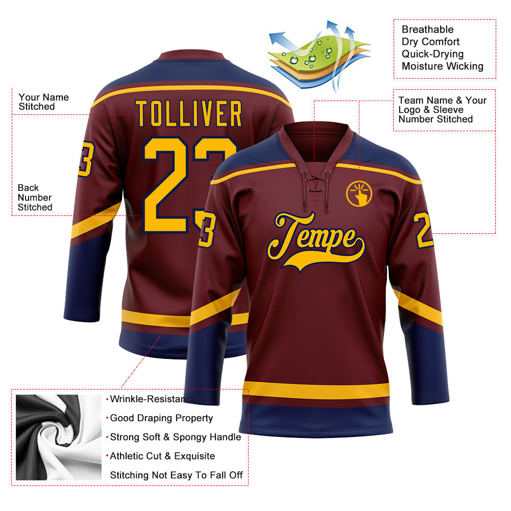Custom Burgundy Gold-Navy Hockey Lace Neck Jersey view 3