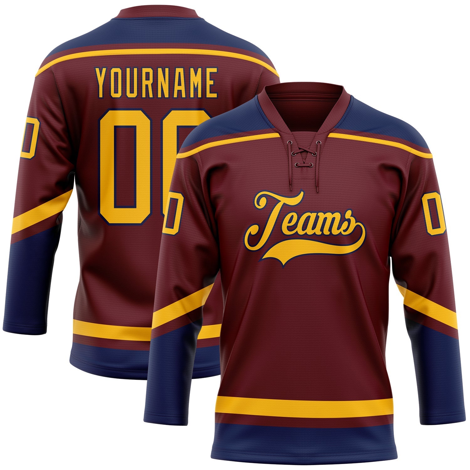 Custom Burgundy Gold-Navy Hockey Lace Neck Jersey - Main View