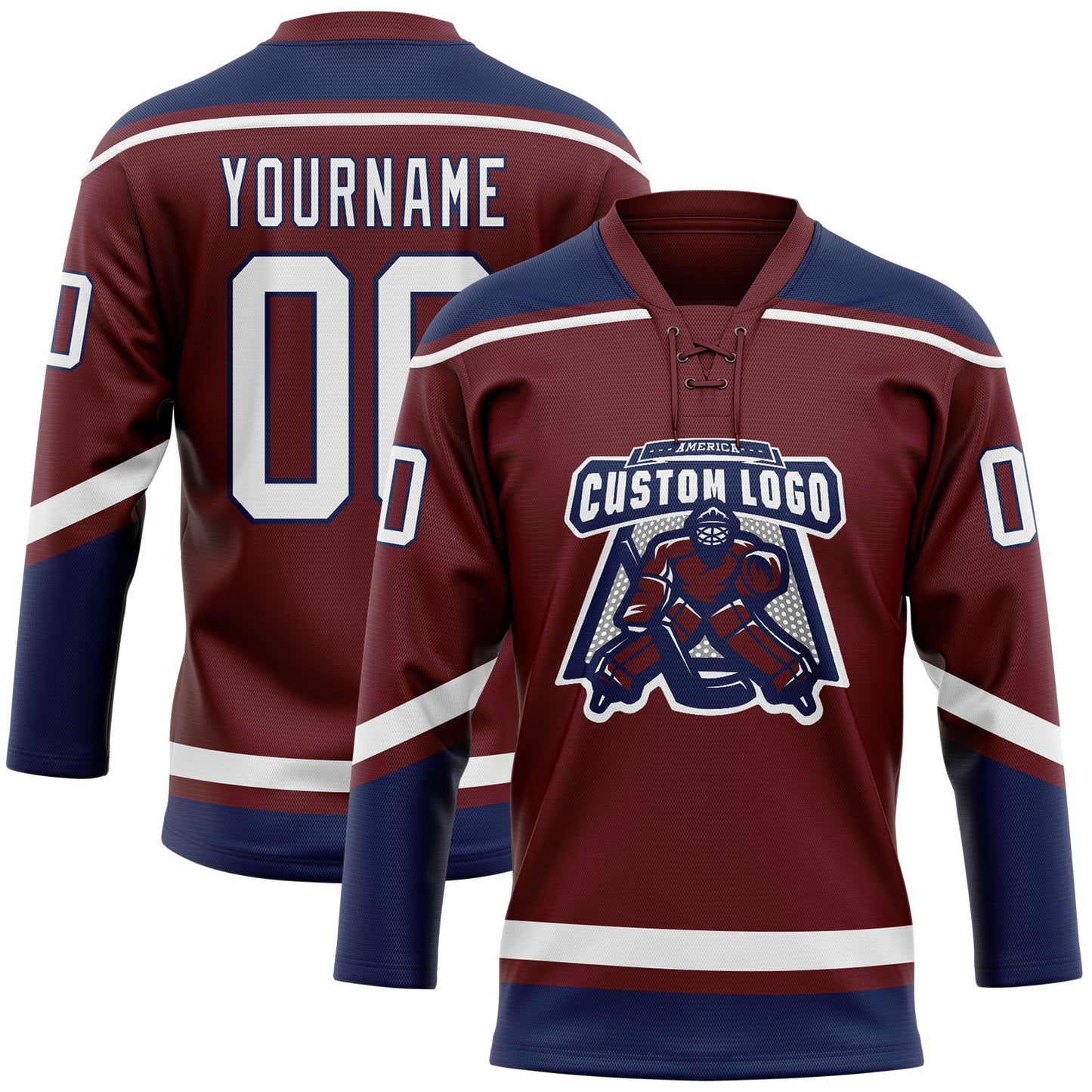 Custom Burgundy White-Navy Hockey Lace Neck Jersey view 2