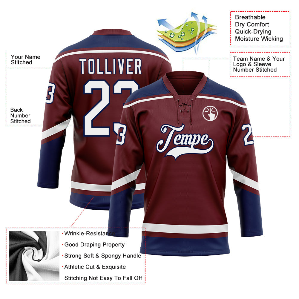 Custom Burgundy White-Navy Hockey Lace Neck Jersey view 3