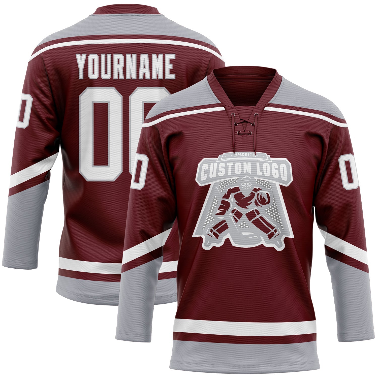 Custom Burgundy White-Gray Hockey Lace Neck Jersey view 2