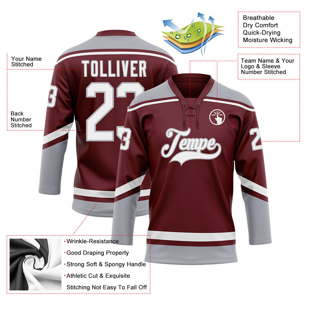 Custom Burgundy White-Gray Hockey Lace Neck Jersey view 3