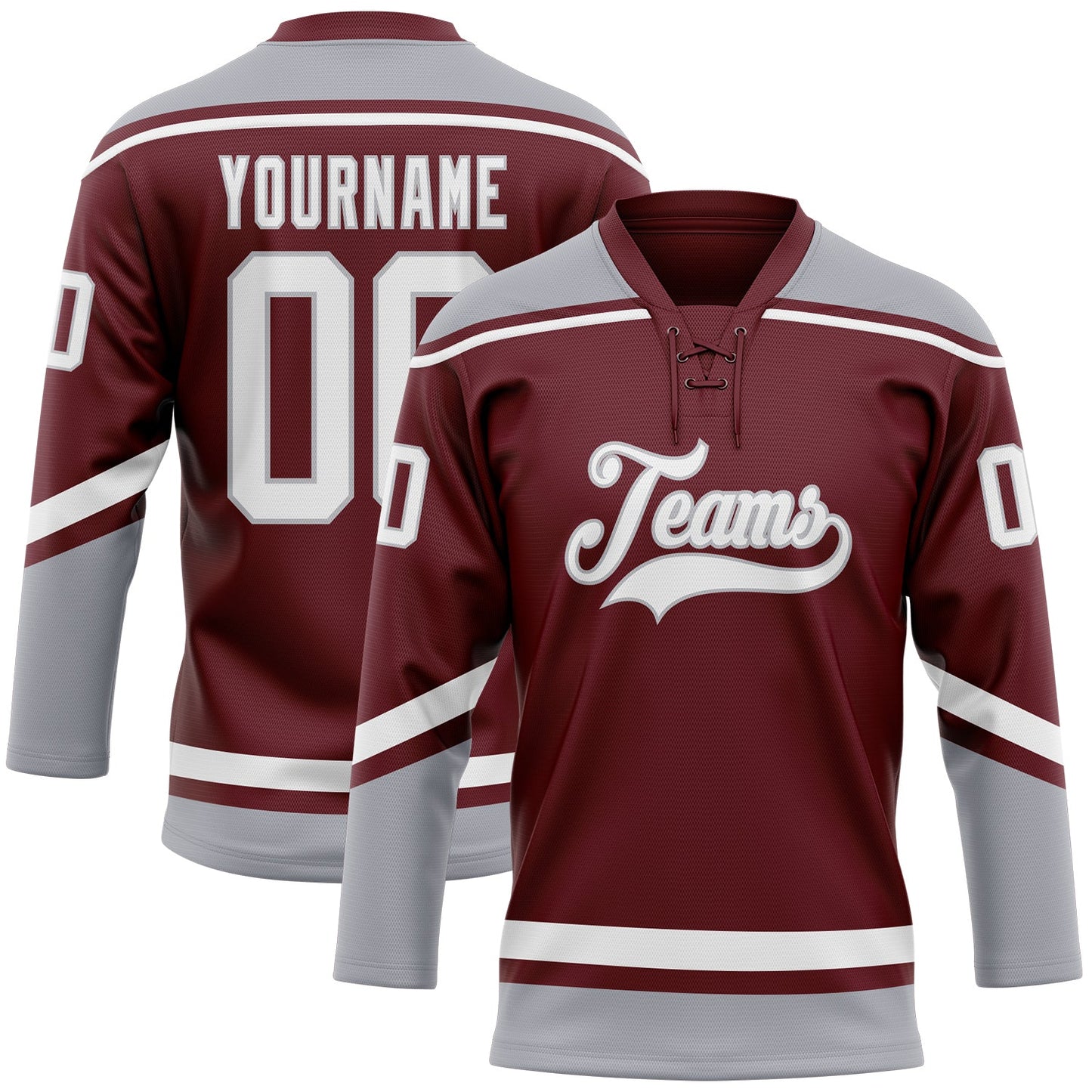Custom Burgundy White-Gray Hockey Lace Neck Jersey - Main View