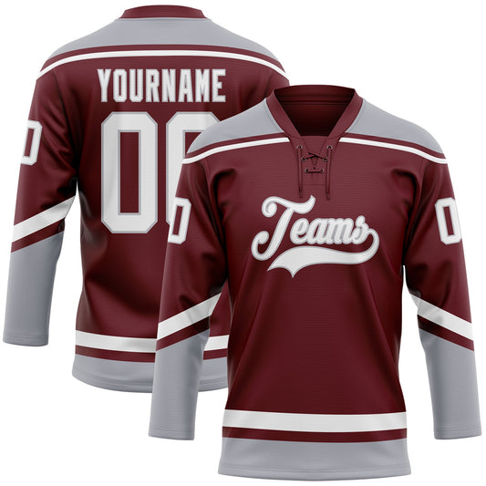 Custom Burgundy White-Gray Hockey Lace Neck Jersey - Main View