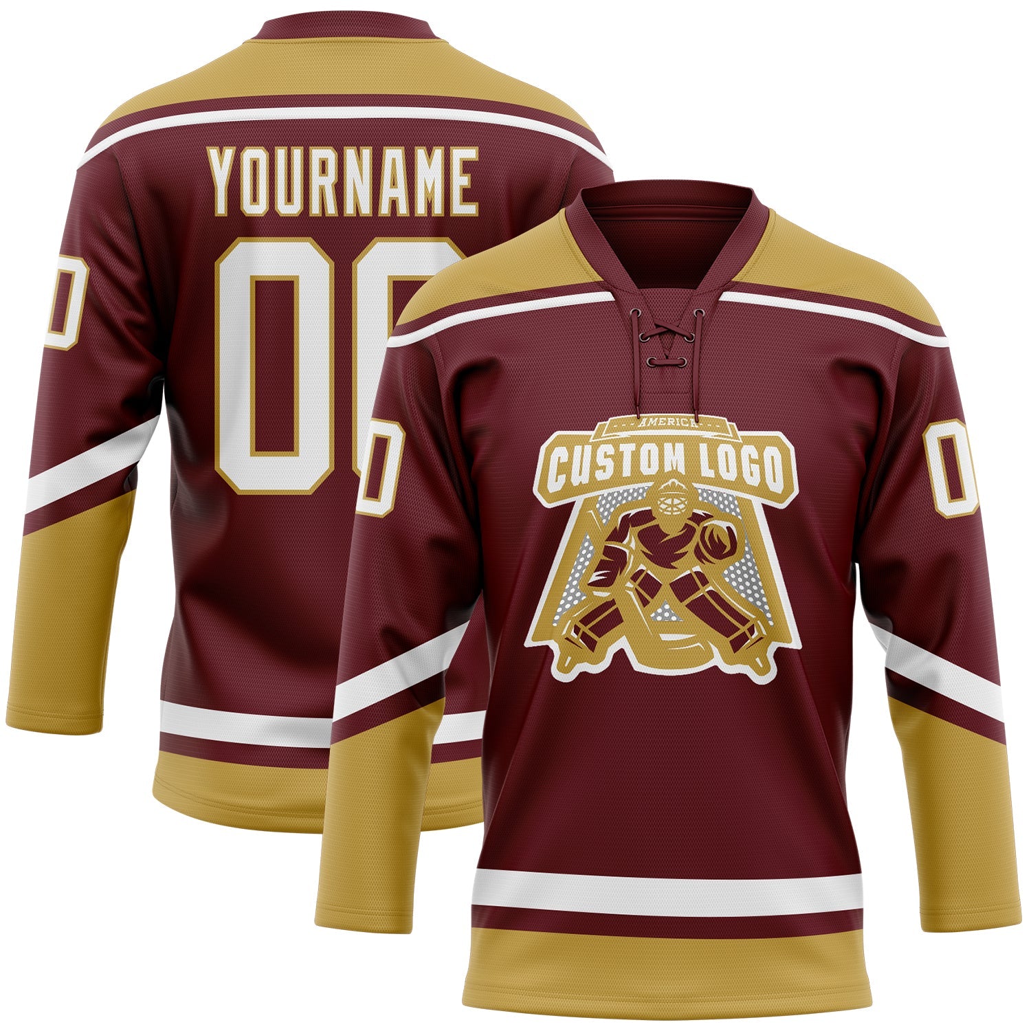 Custom Burgundy White-Old Gold Hockey Lace Neck Jersey view 2