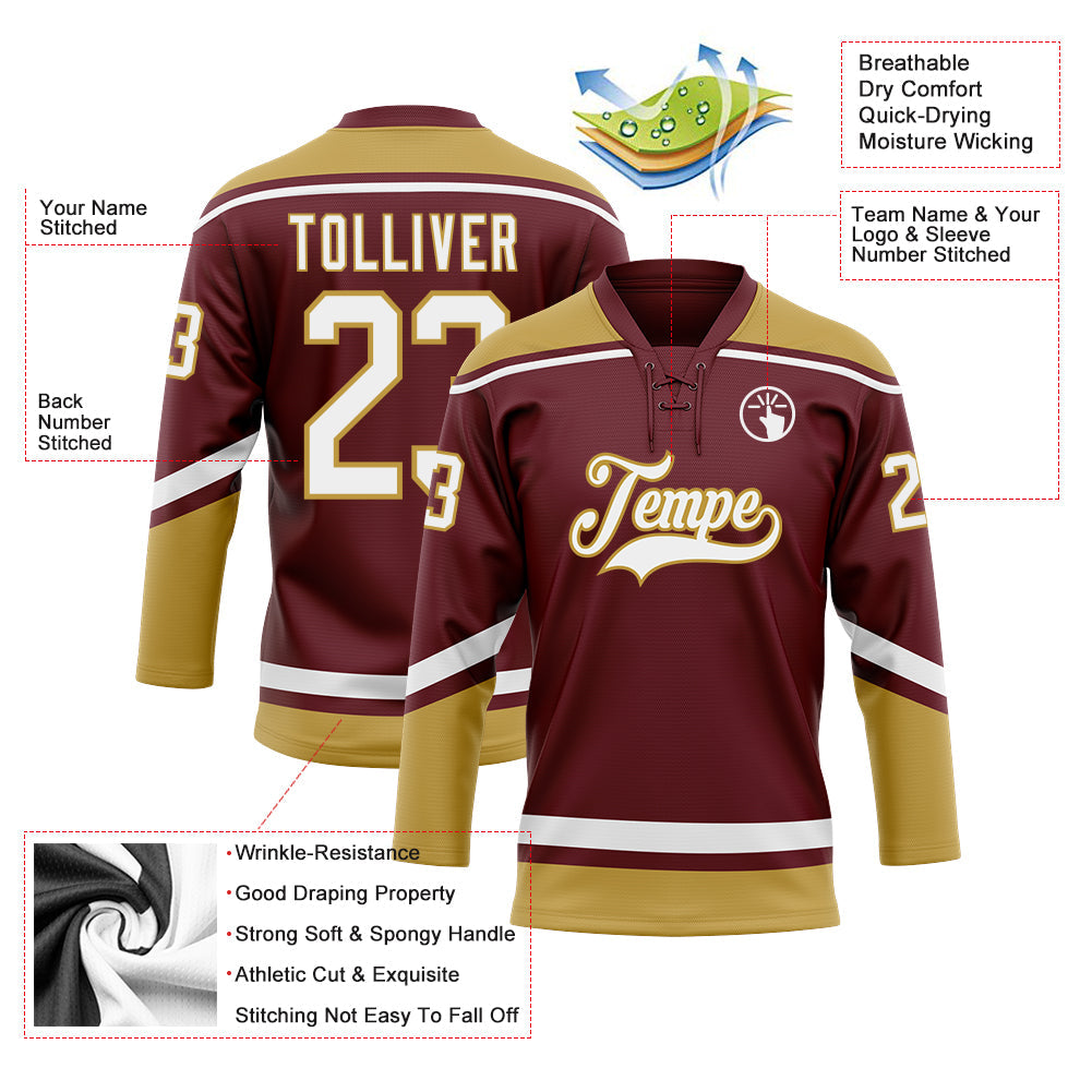 Custom Burgundy White-Old Gold Hockey Lace Neck Jersey view 3