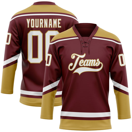 Custom Burgundy White-Old Gold Hockey Lace Neck Jersey - Main View