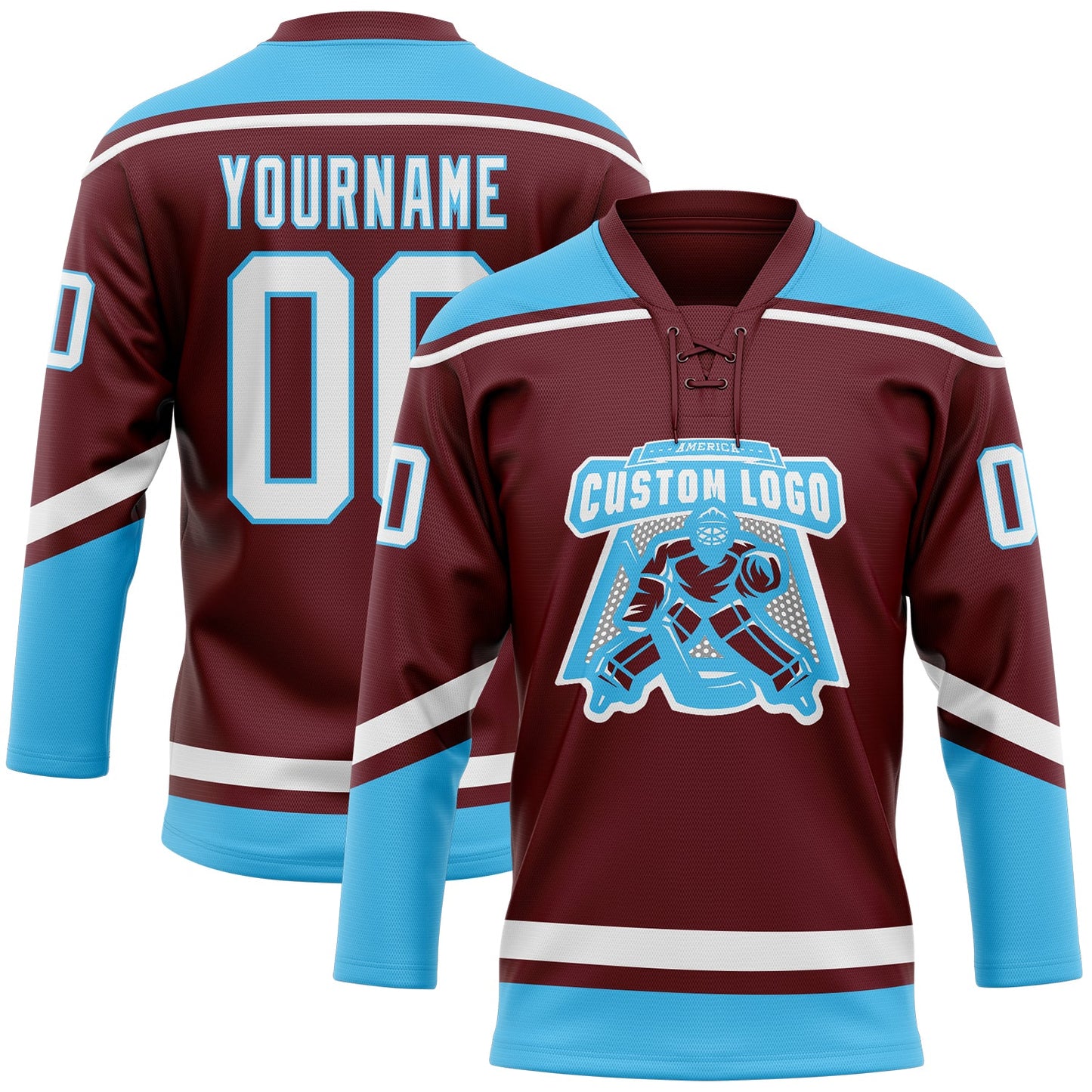 Custom Burgundy White-Sky Blue Hockey Lace Neck Jersey view 2