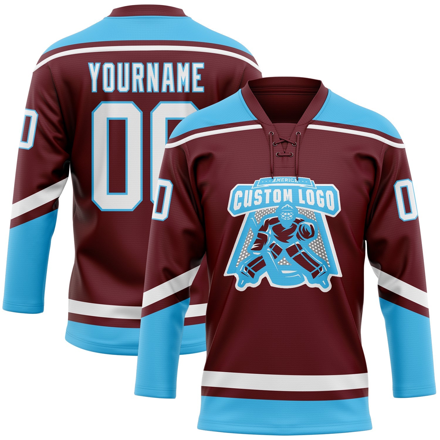 Custom Burgundy White-Sky Blue Hockey Lace Neck Jersey view 2