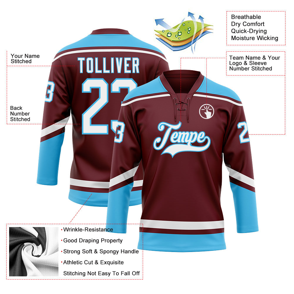 Custom Burgundy White-Sky Blue Hockey Lace Neck Jersey view 3