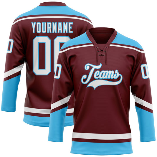 Custom Burgundy White-Sky Blue Hockey Lace Neck Jersey - Main View