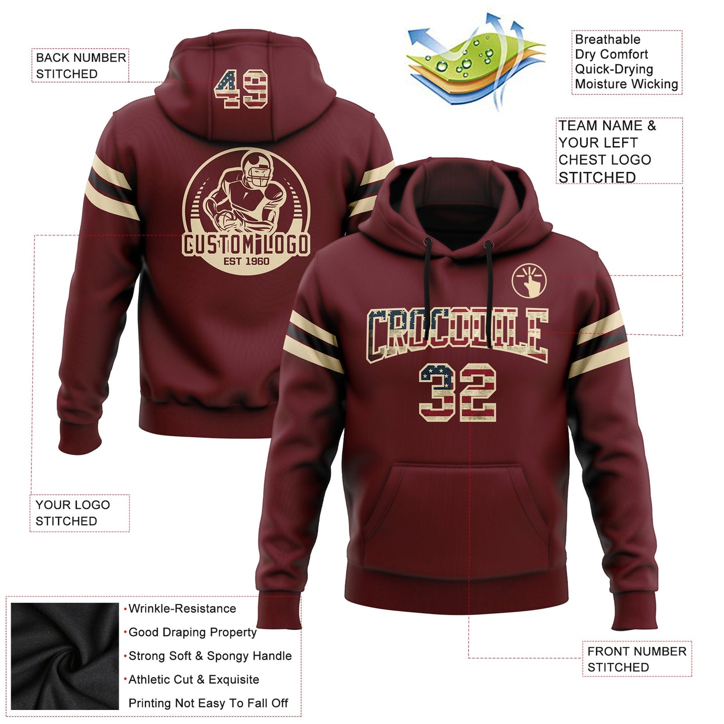 Custom Stitched Burgundy Vintage USA Flag City Cream-Black Football Pullover Sweatshirt Hoodie view 2