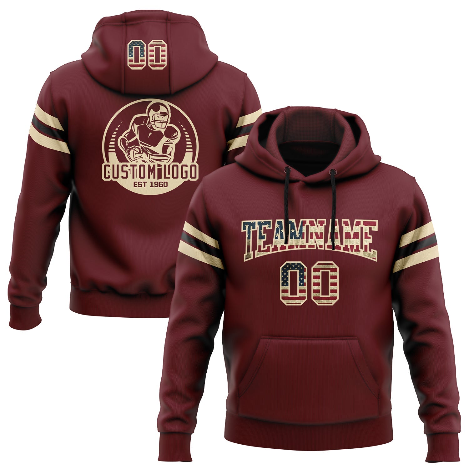 Custom Stitched Burgundy Vintage USA Flag City Cream-Black Football Pullover Sweatshirt Hoodie - Main View