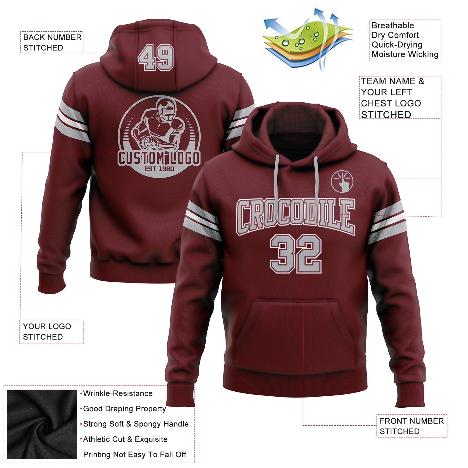 Custom Stitched Burgundy Gray-White Football Pullover Sweatshirt Hoodie view 2