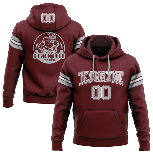 Custom Stitched Burgundy Gray-White Football Pullover Sweatshirt Hoodie - Main View