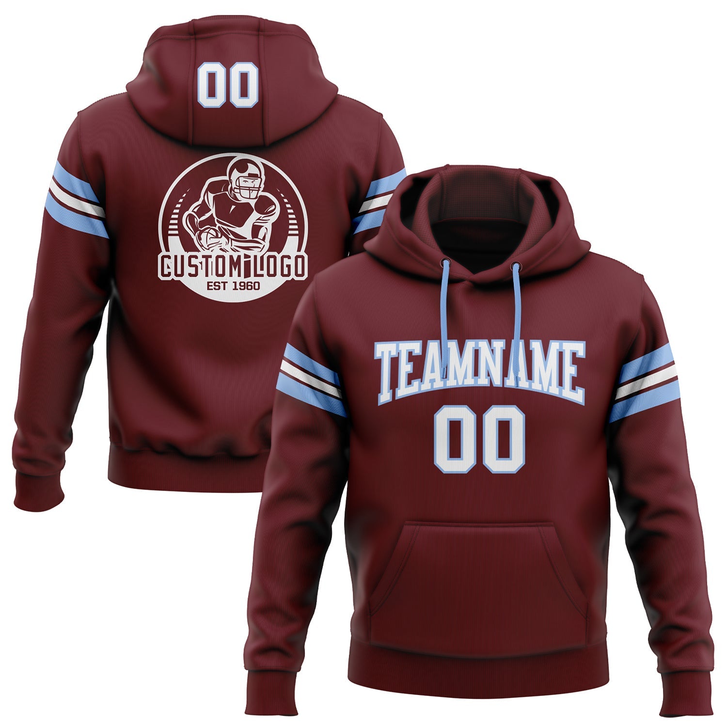 Custom Stitched Burgundy White-Light Blue Football Pullover Sweatshirt Hoodie - Main View