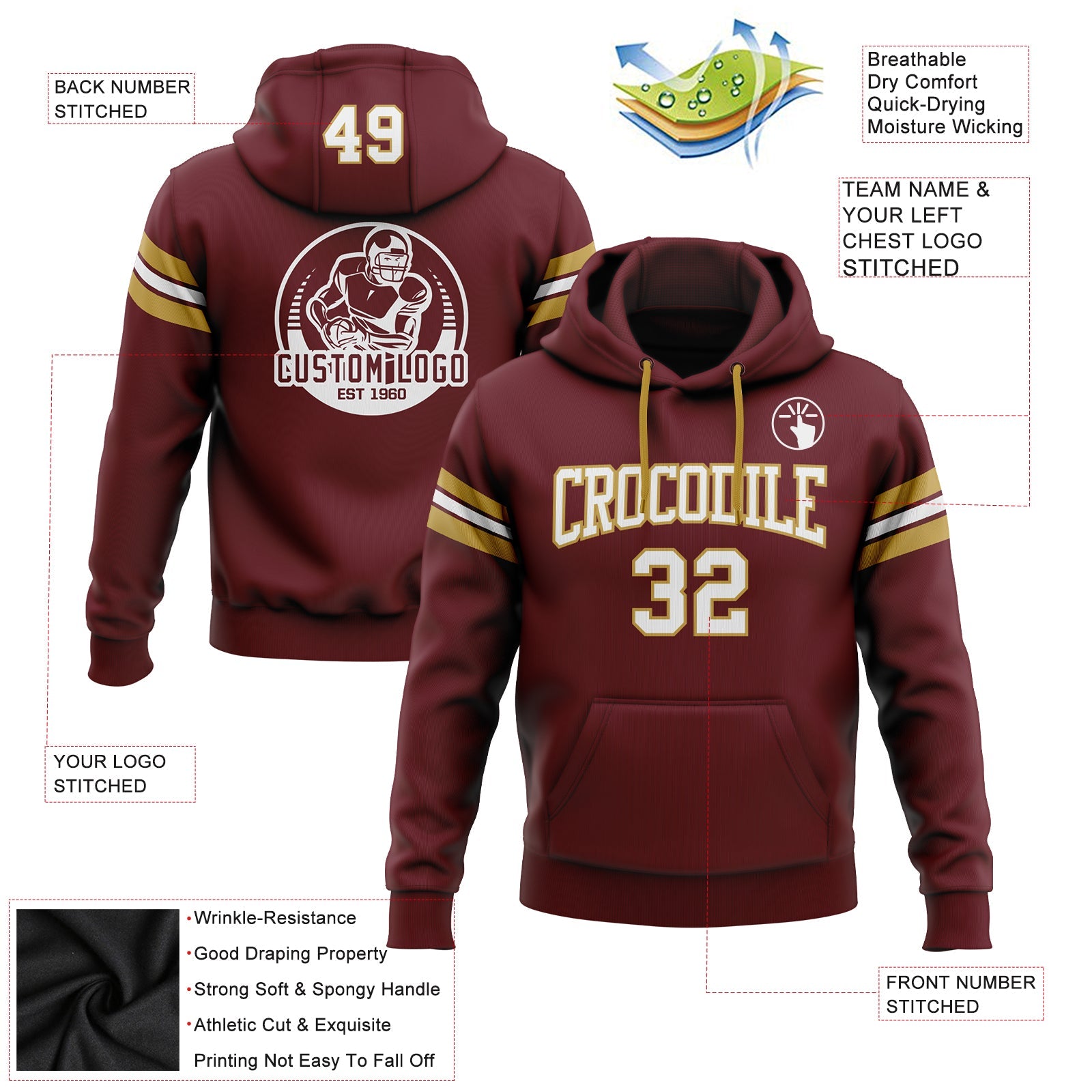 Custom Stitched Burgundy White-Old Gold Football Pullover Sweatshirt Hoodie view 2