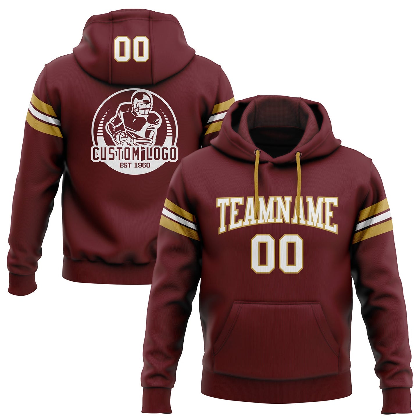 Custom Stitched Burgundy White-Old Gold Football Pullover Sweatshirt Hoodie - Main View