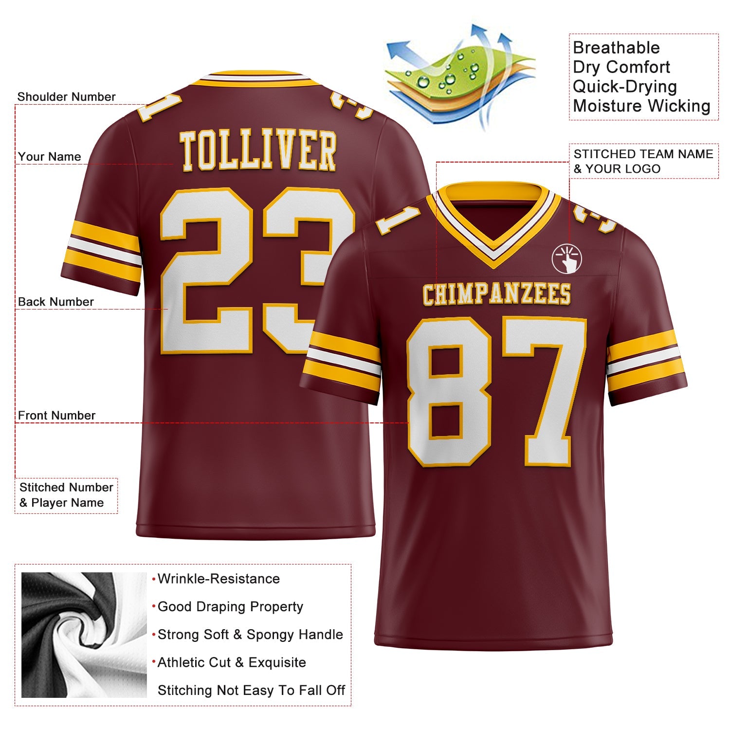 Custom Burgundy White-Gold Authentic Football Jersey view 2