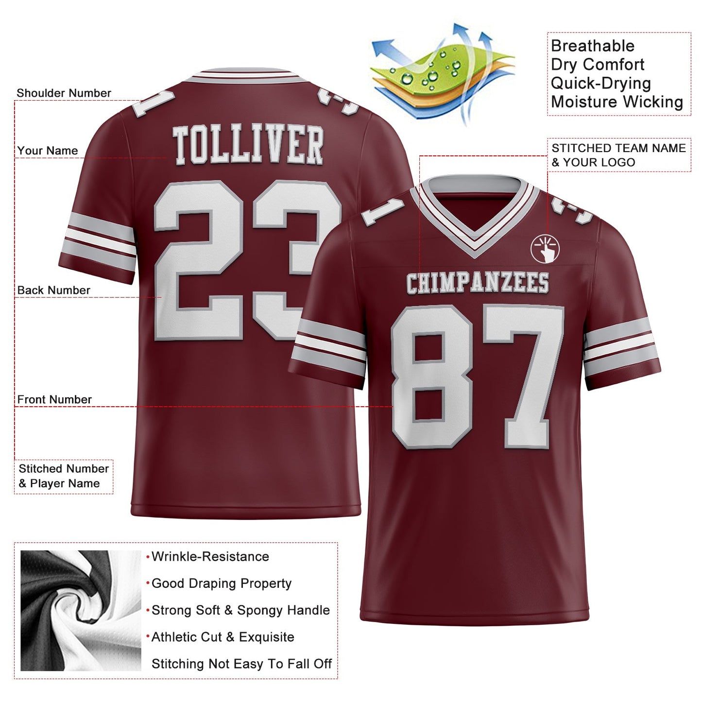 Custom Burgundy White-Gray Authentic Football Jersey view 2