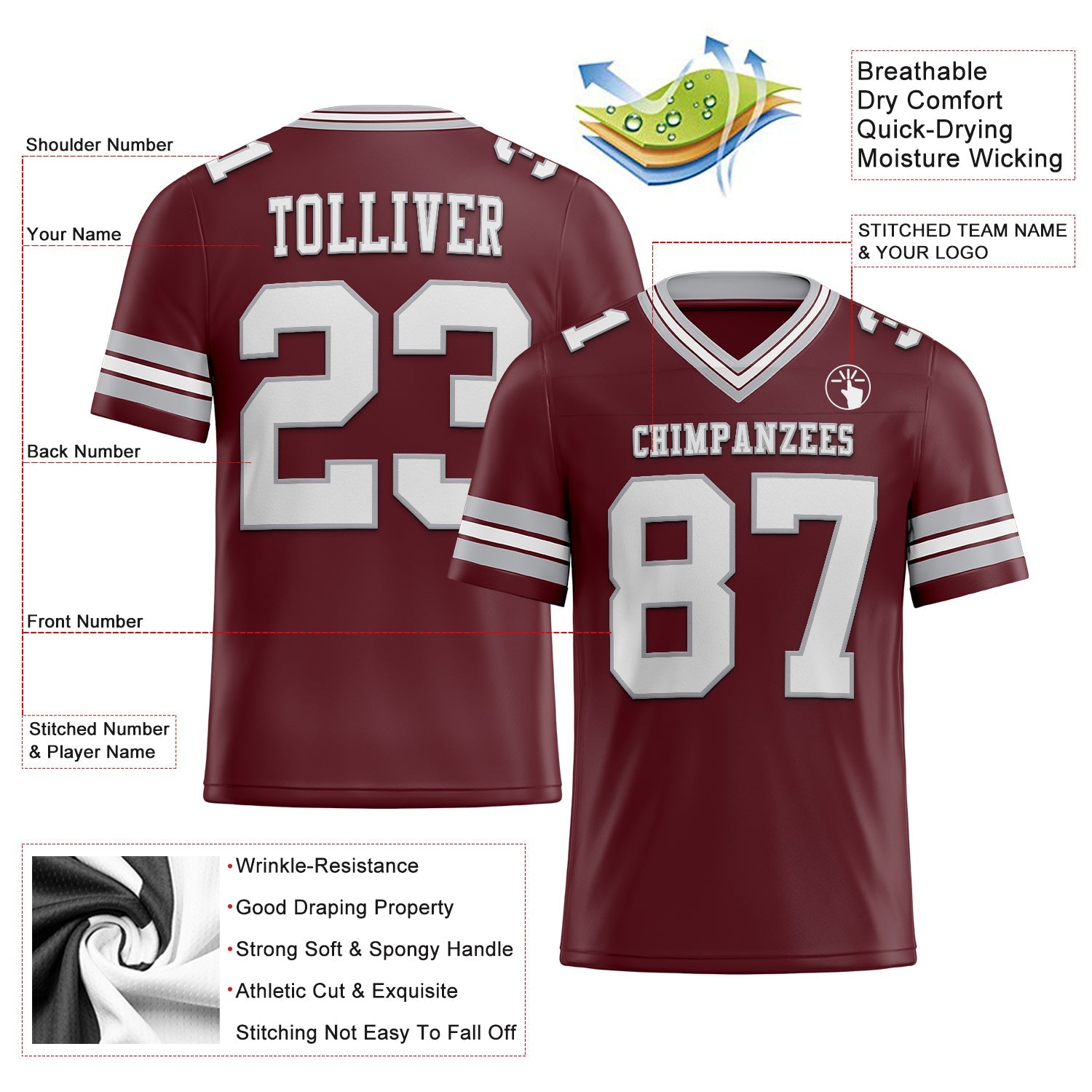 Custom Burgundy White-Gray Authentic Football Jersey view 2