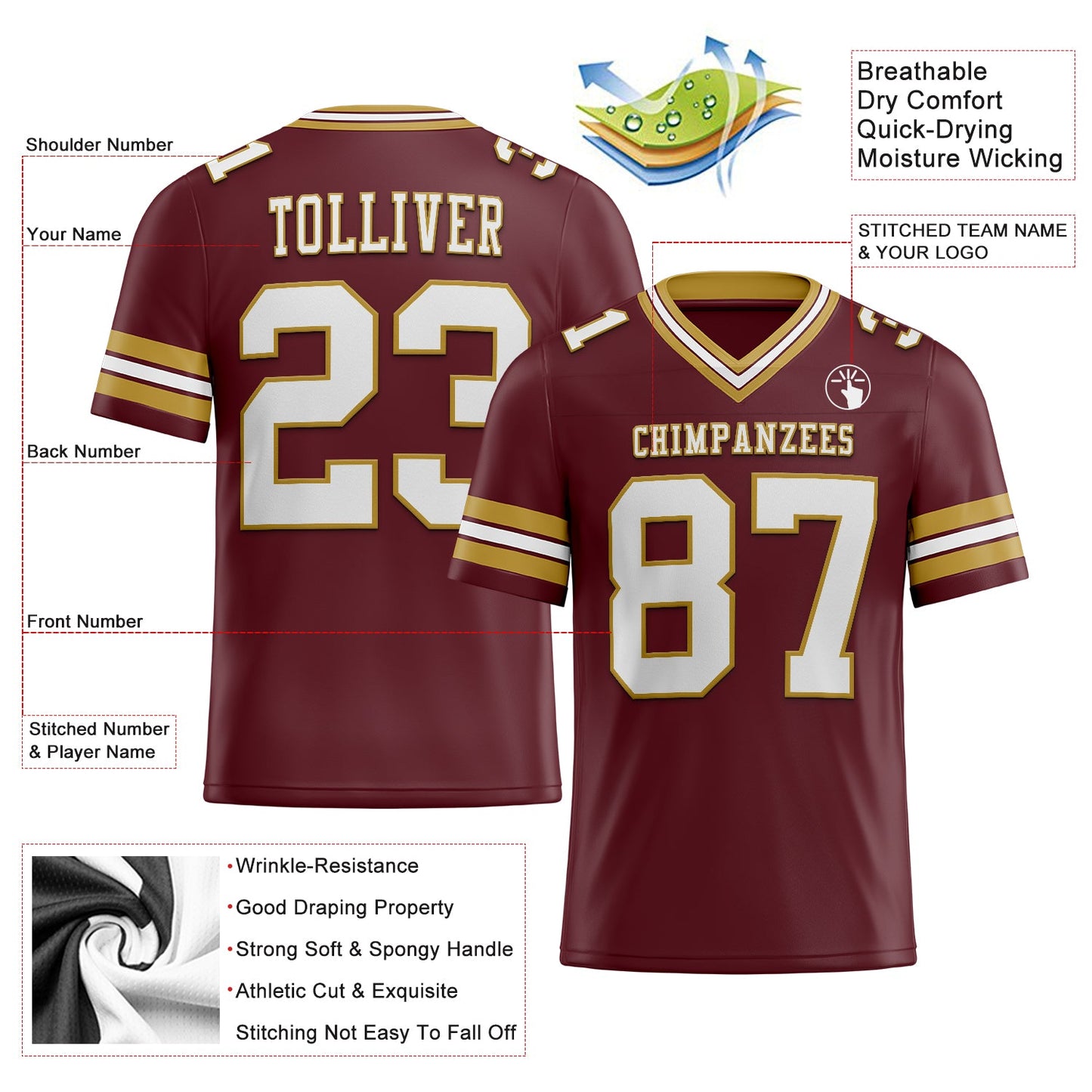 Custom Burgundy White-Old Gold Authentic Football Jersey view 2