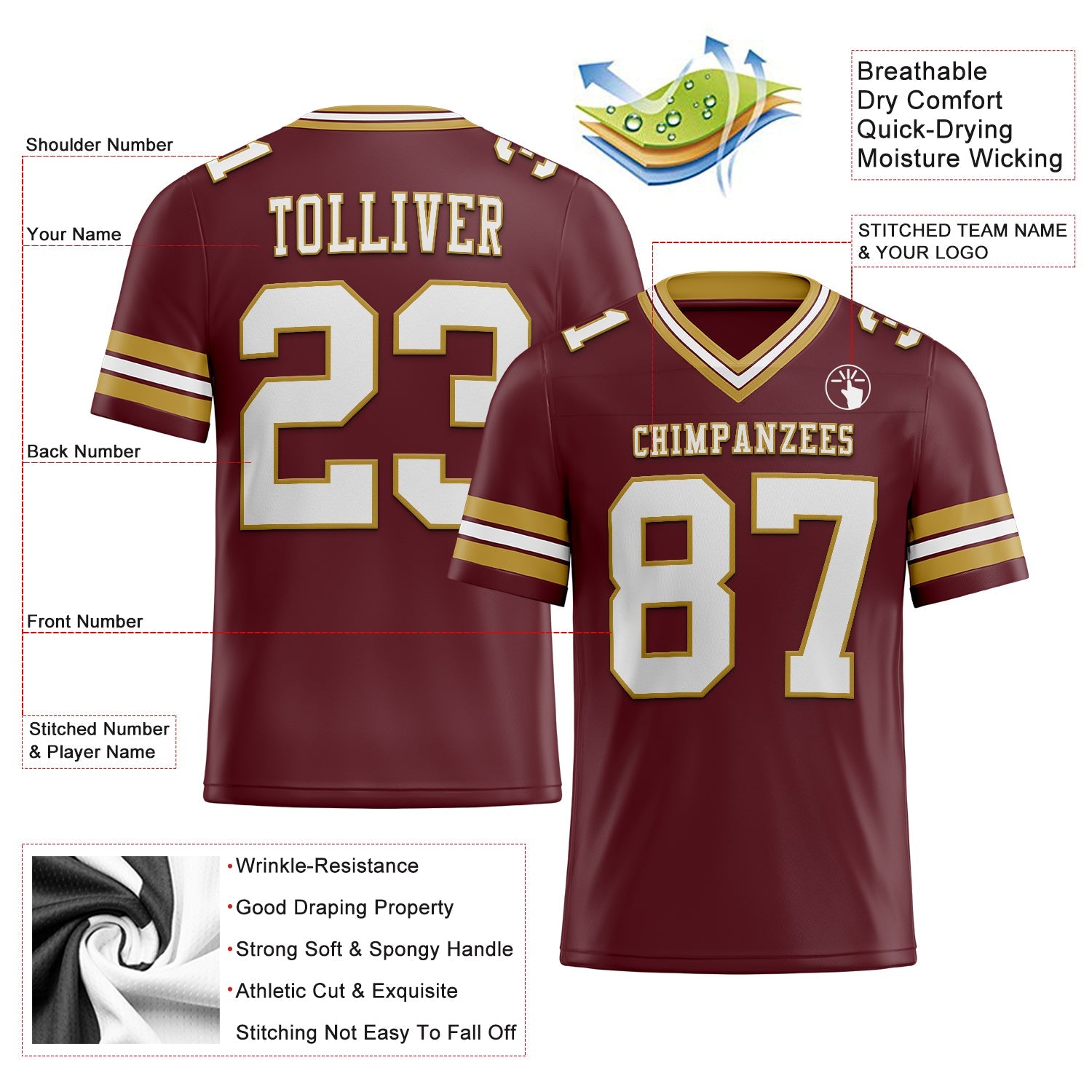Custom Burgundy White-Old Gold Authentic Football Jersey view 2