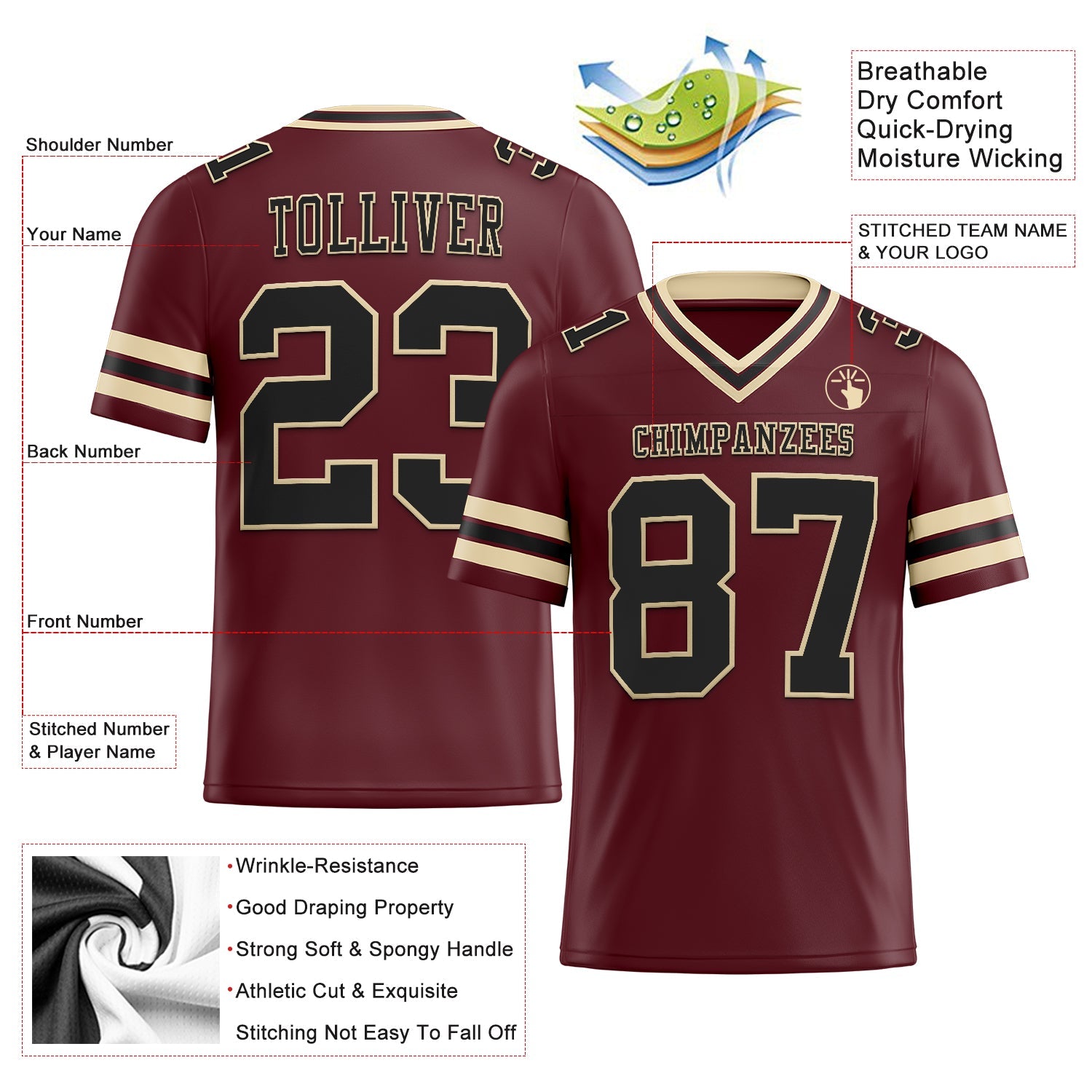 Custom Burgundy Black-City Cream Authentic Football Jersey view 2