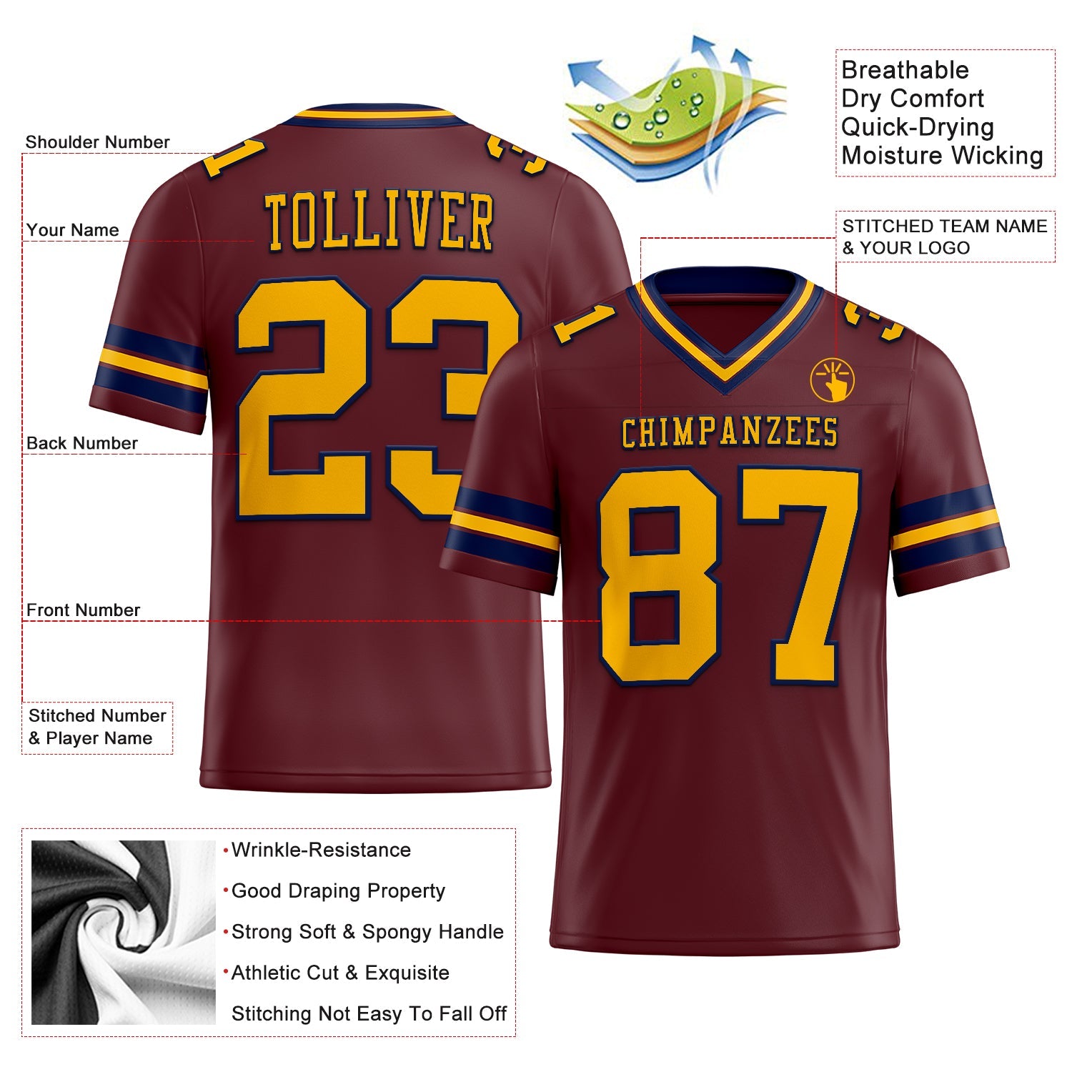 Custom Burgundy Gold-Navy Authentic Football Jersey view 2