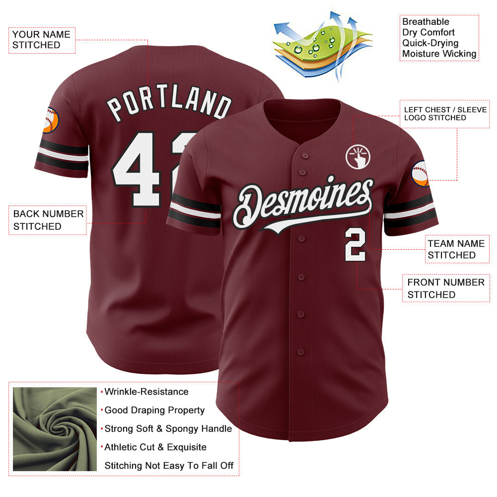 Custom Burgundy White-Black Authentic Baseball Jersey view 3