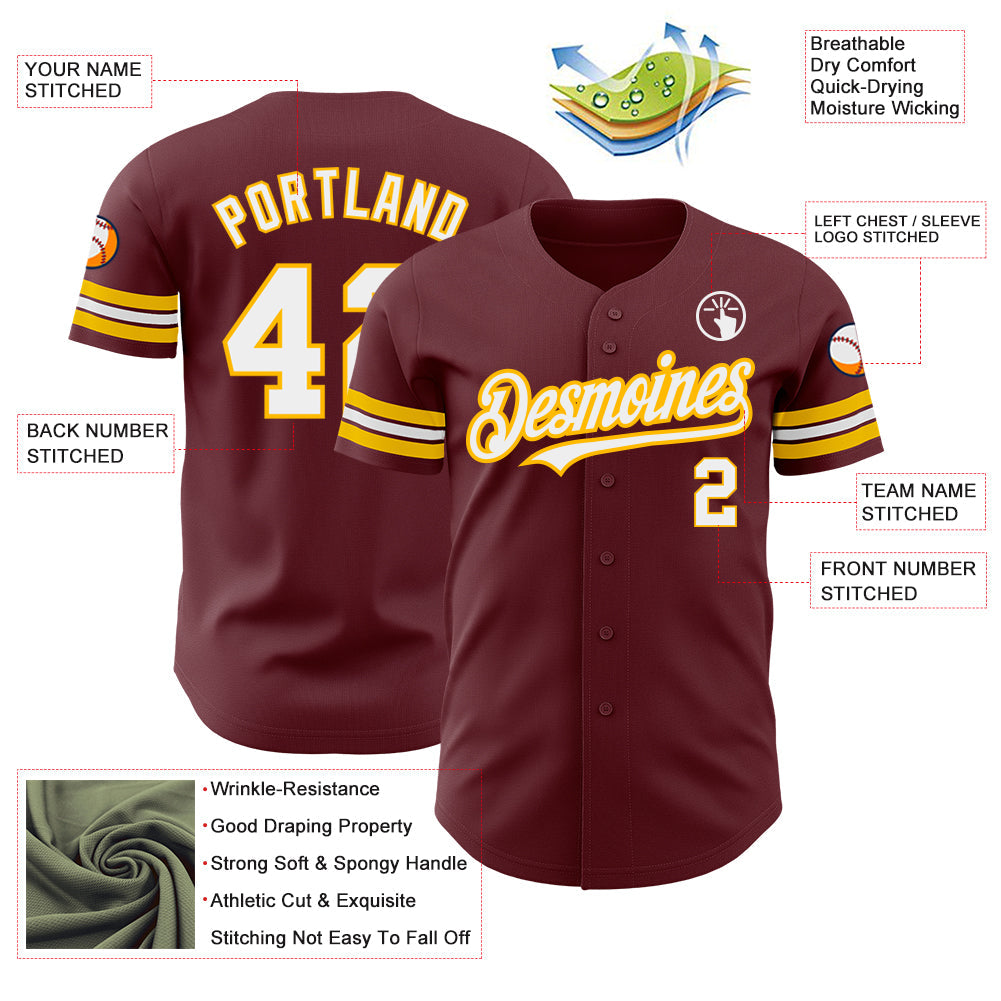 Custom Burgundy White-Gold Authentic Baseball Jersey view 3