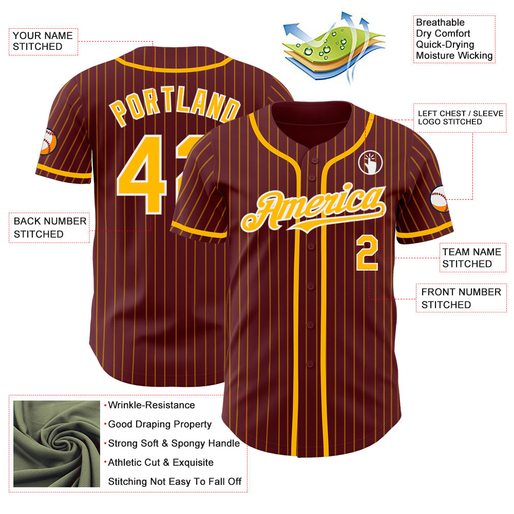 Custom Burgundy Gold Pinstripe White Authentic Baseball Jersey view 3