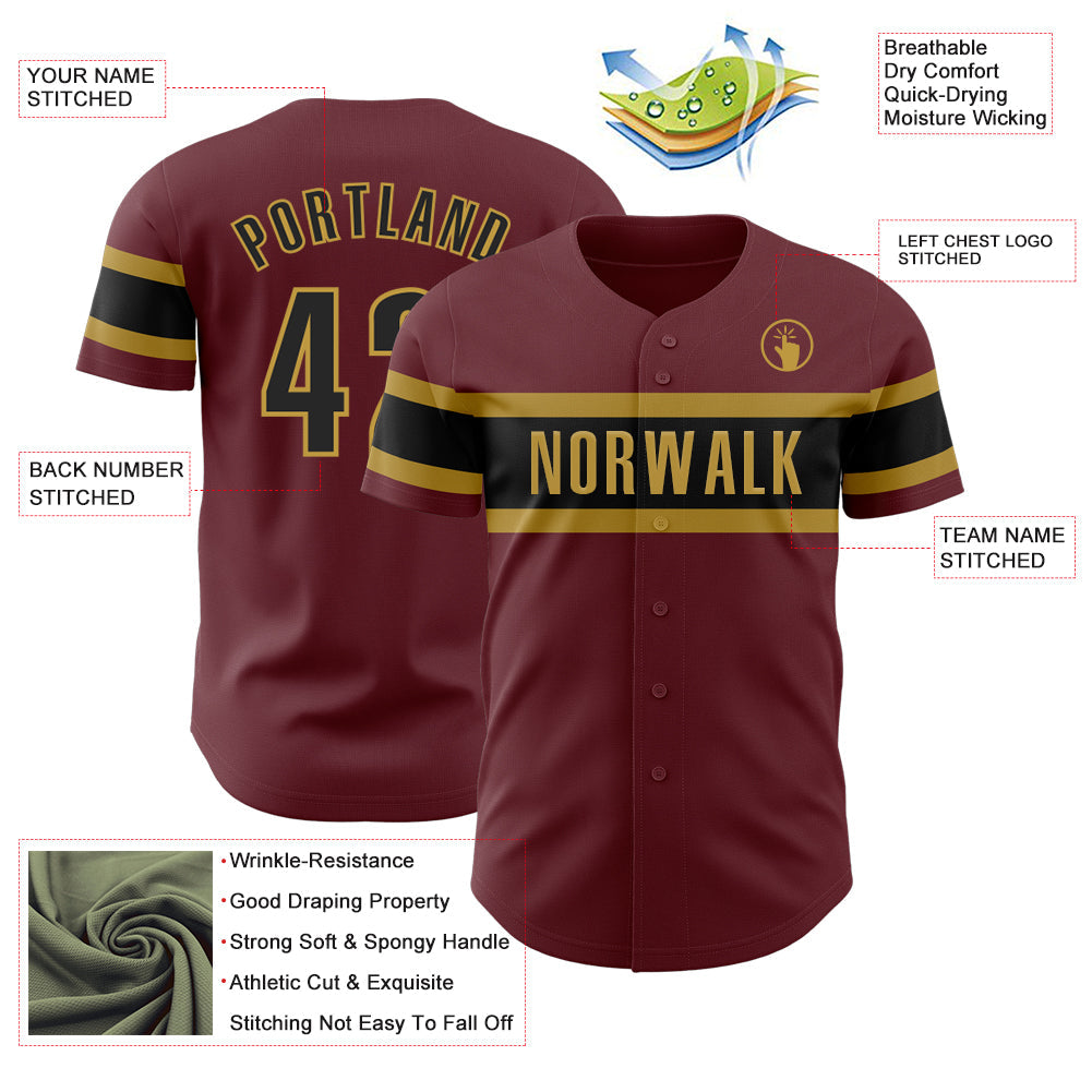 Custom Burgundy Black-Old Gold Authentic Baseball Jersey view 3