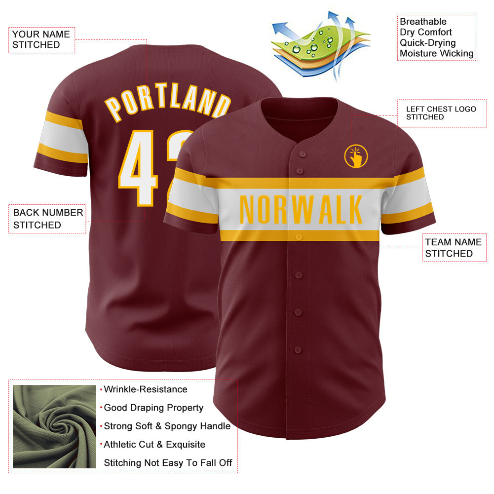 Custom Burgundy White-Gold Authentic Baseball Jersey view 3