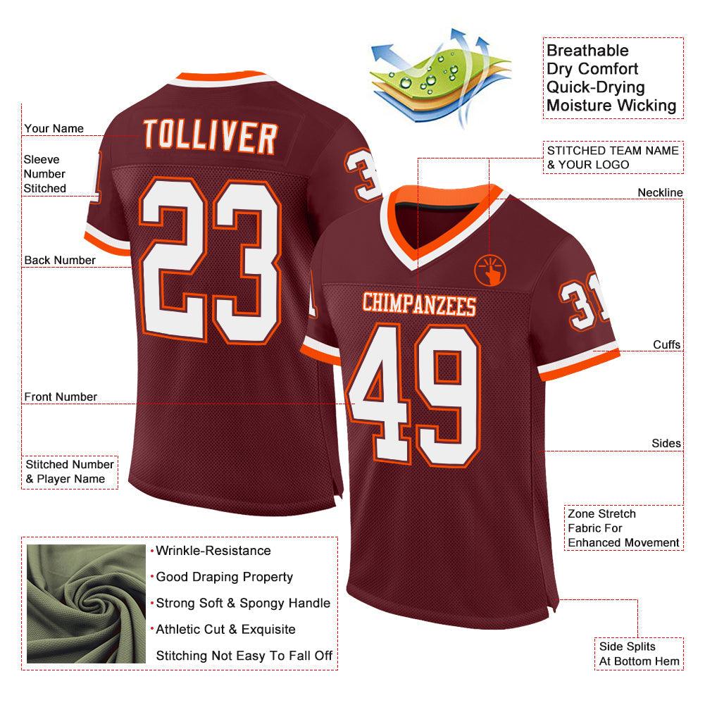 Custom Burgundy White-Orange Mesh Authentic Throwback Football Jersey view 2