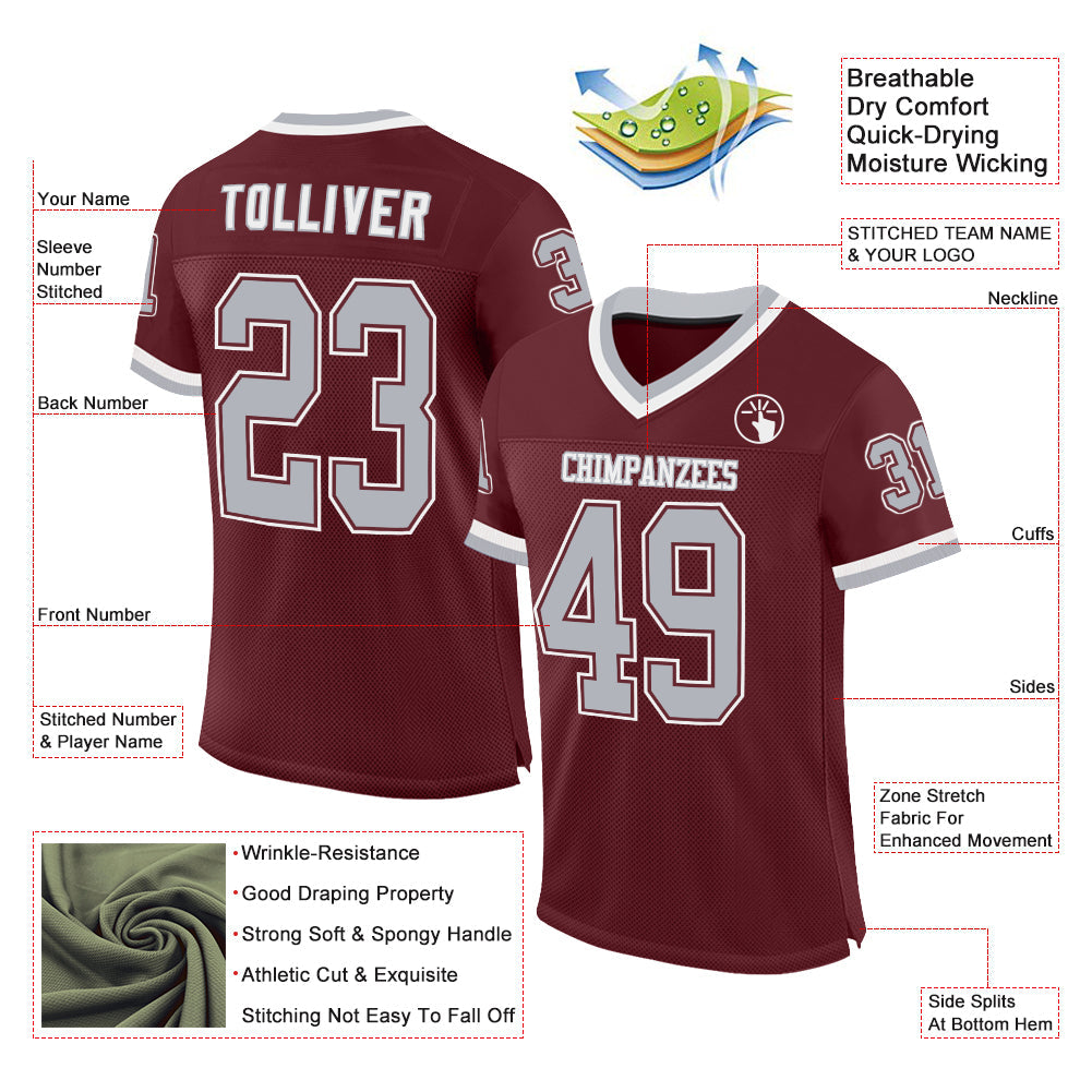 Custom Burgundy Gray-White Mesh Authentic Throwback Football Jersey view 2