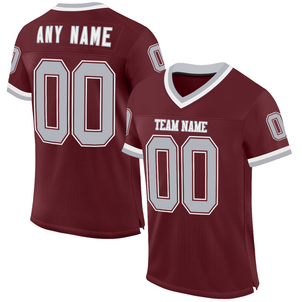 Custom Burgundy Gray-White Mesh Authentic Throwback Football Jersey - Main View
