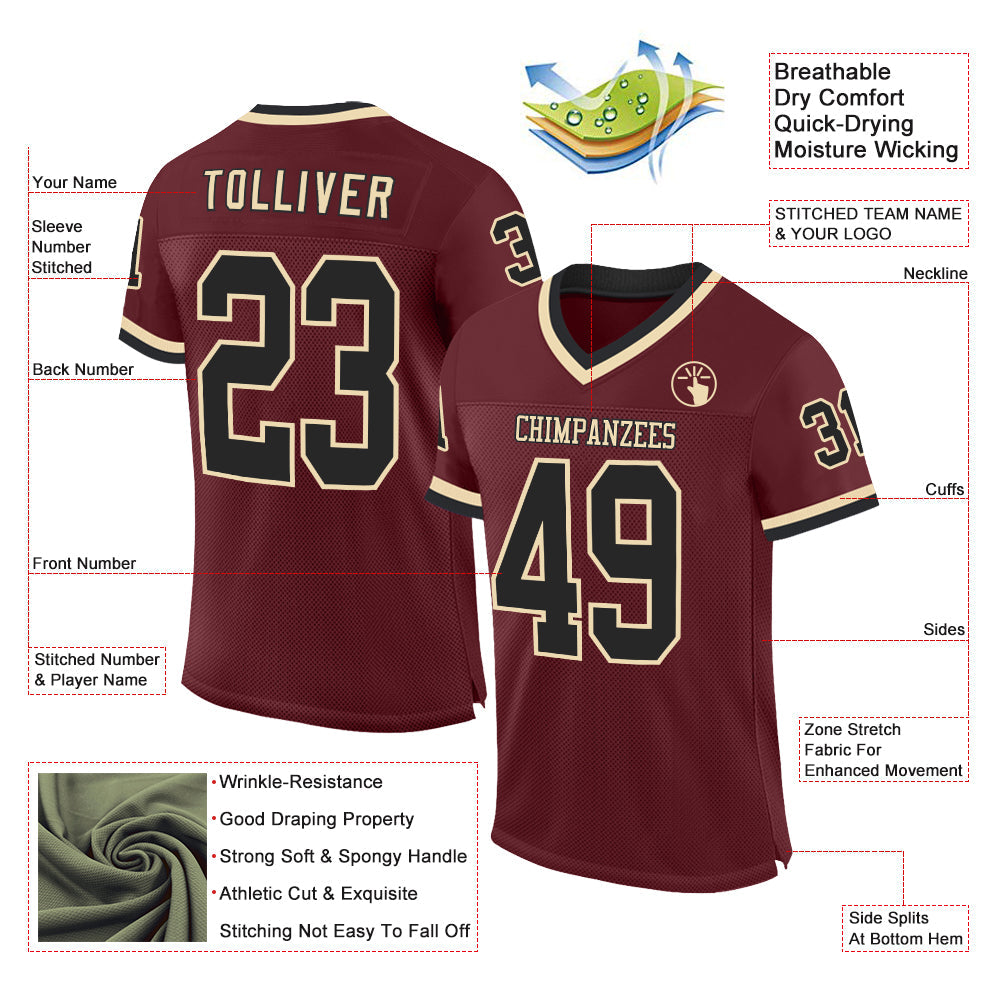 Custom Burgundy Black-Cream Mesh Authentic Throwback Football Jersey view 2