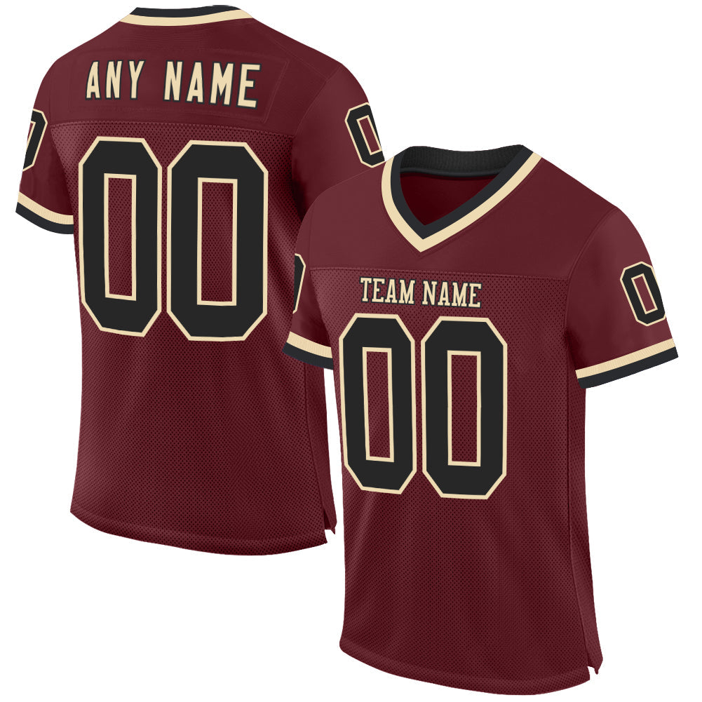 Custom Burgundy Black-Cream Mesh Authentic Throwback Football Jersey - Main View