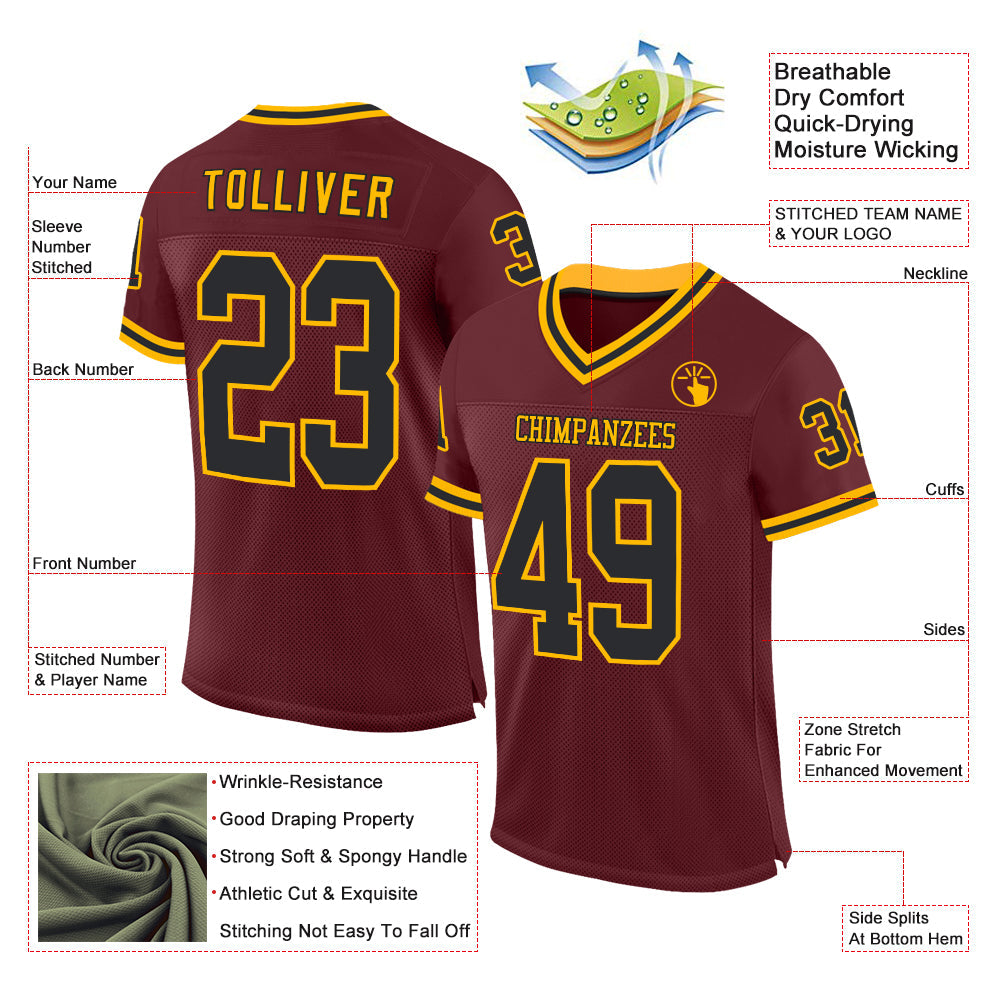 Custom Burgundy Black-Gold Mesh Authentic Throwback Football Jersey view 2