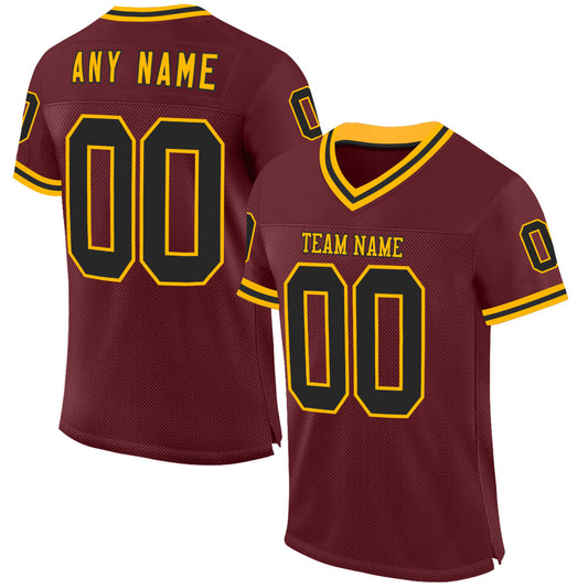 Custom Burgundy Black-Gold Mesh Authentic Throwback Football Jersey - Main View