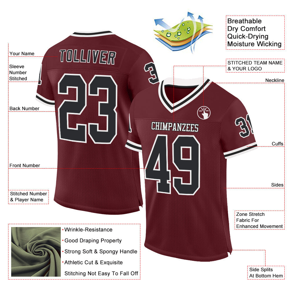 Custom Burgundy Black-White Mesh Authentic Throwback Football Jersey view 2