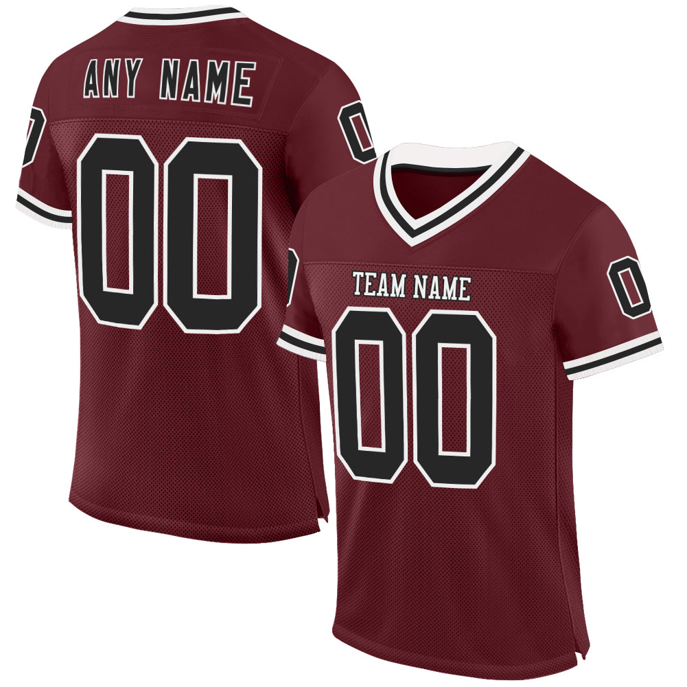 Custom Burgundy Black-White Mesh Authentic Throwback Football Jersey - Main View