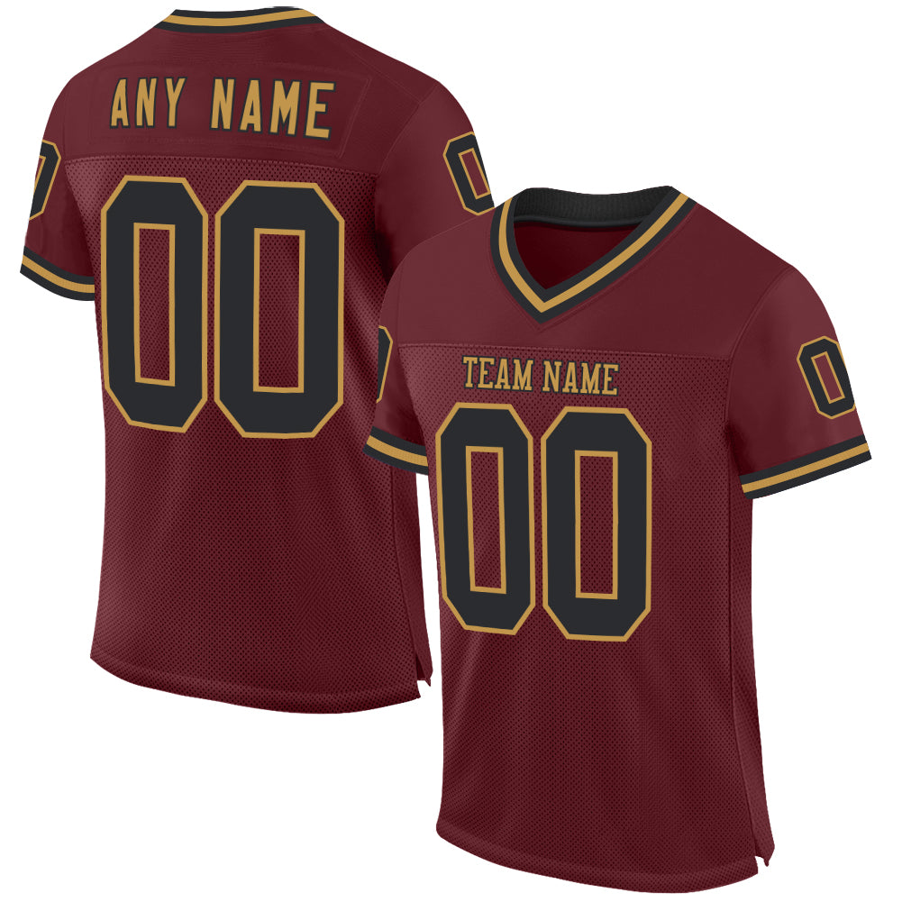 Custom Burgundy Black-Old Gold Mesh Authentic Throwback Football Jersey - Main View