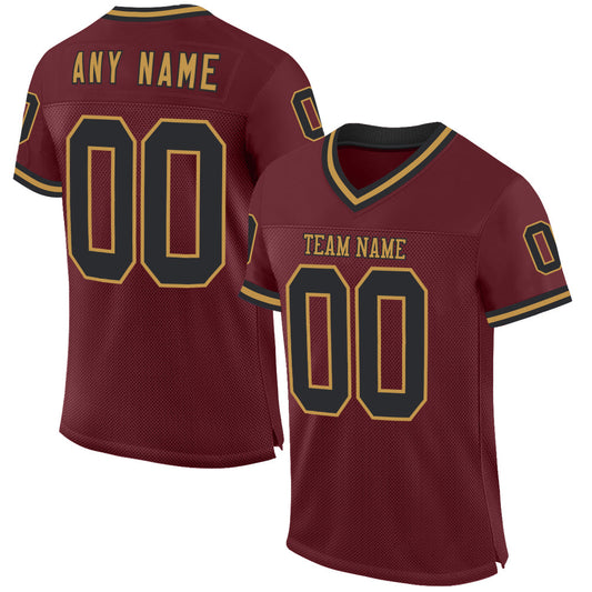 Custom Burgundy Black-Old Gold Mesh Authentic Throwback Football Jersey - Main View