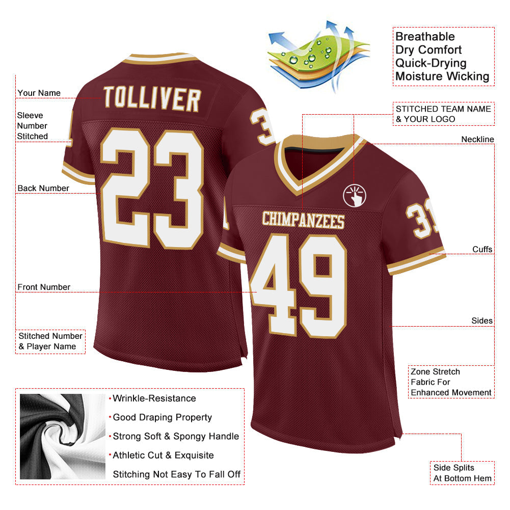 Custom Burgundy White-Old Gold Mesh Authentic Throwback Football Jersey view 2